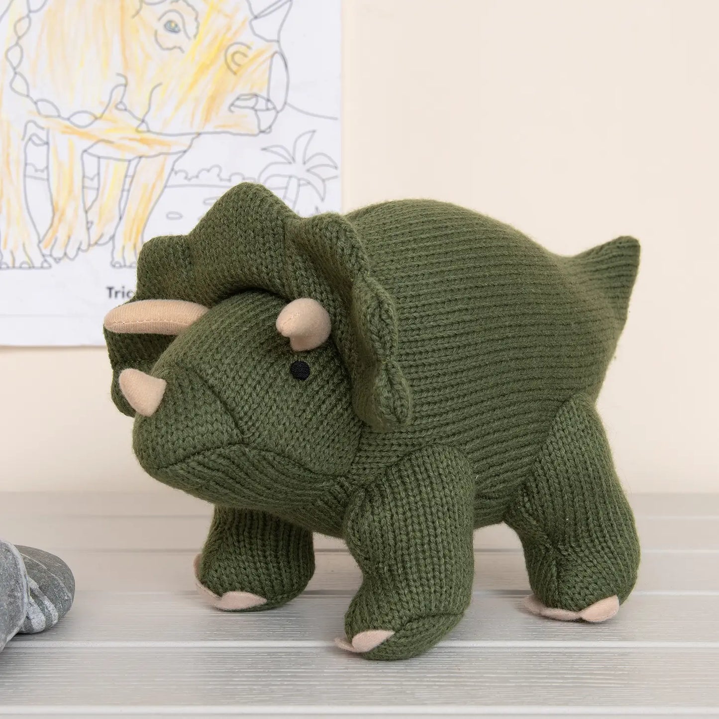 Knitted Triceratops Dinosaur Plush Toy - Moss Green