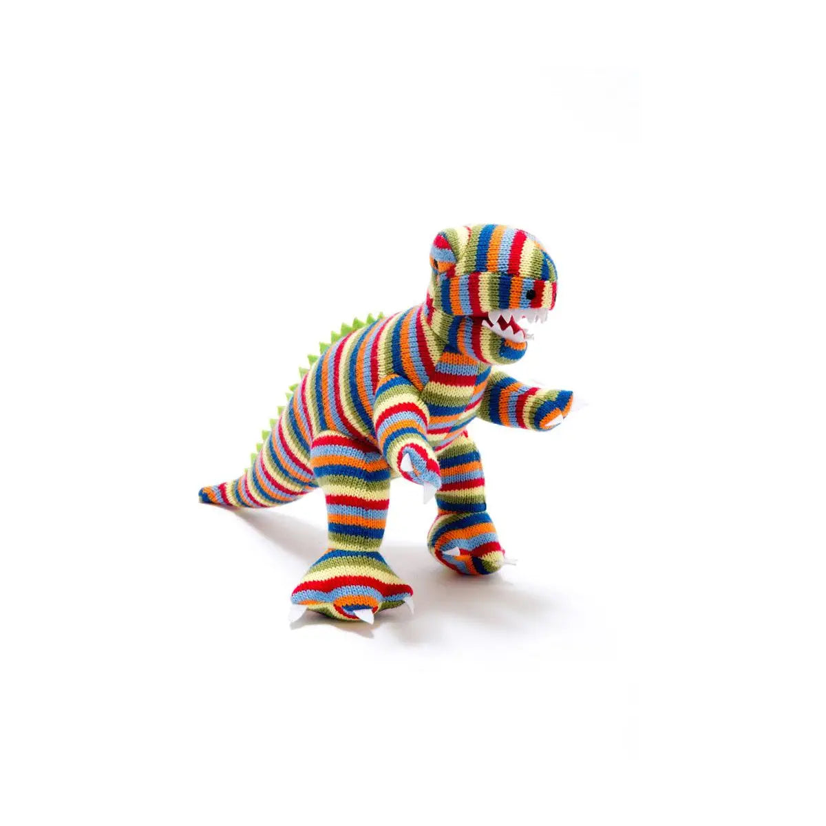 Knitted Rainbow Stripe T Rex Dinosaur Plush Toy