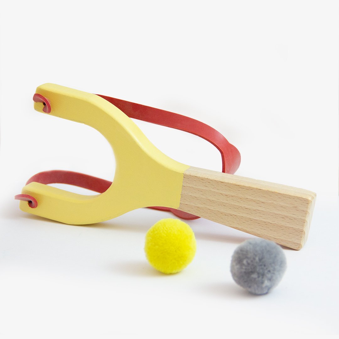 Handmade Kids Catapult in Natural Wood and Rubber in Coral, Mint or Yellow kids wooden toys ireland kidhood ecotoys