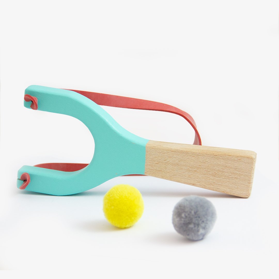 Handmade Kids Catapult in Natural Wood and Rubber in Coral, Mint or Yellow kids wooden toys ireland kidhood ecotoys