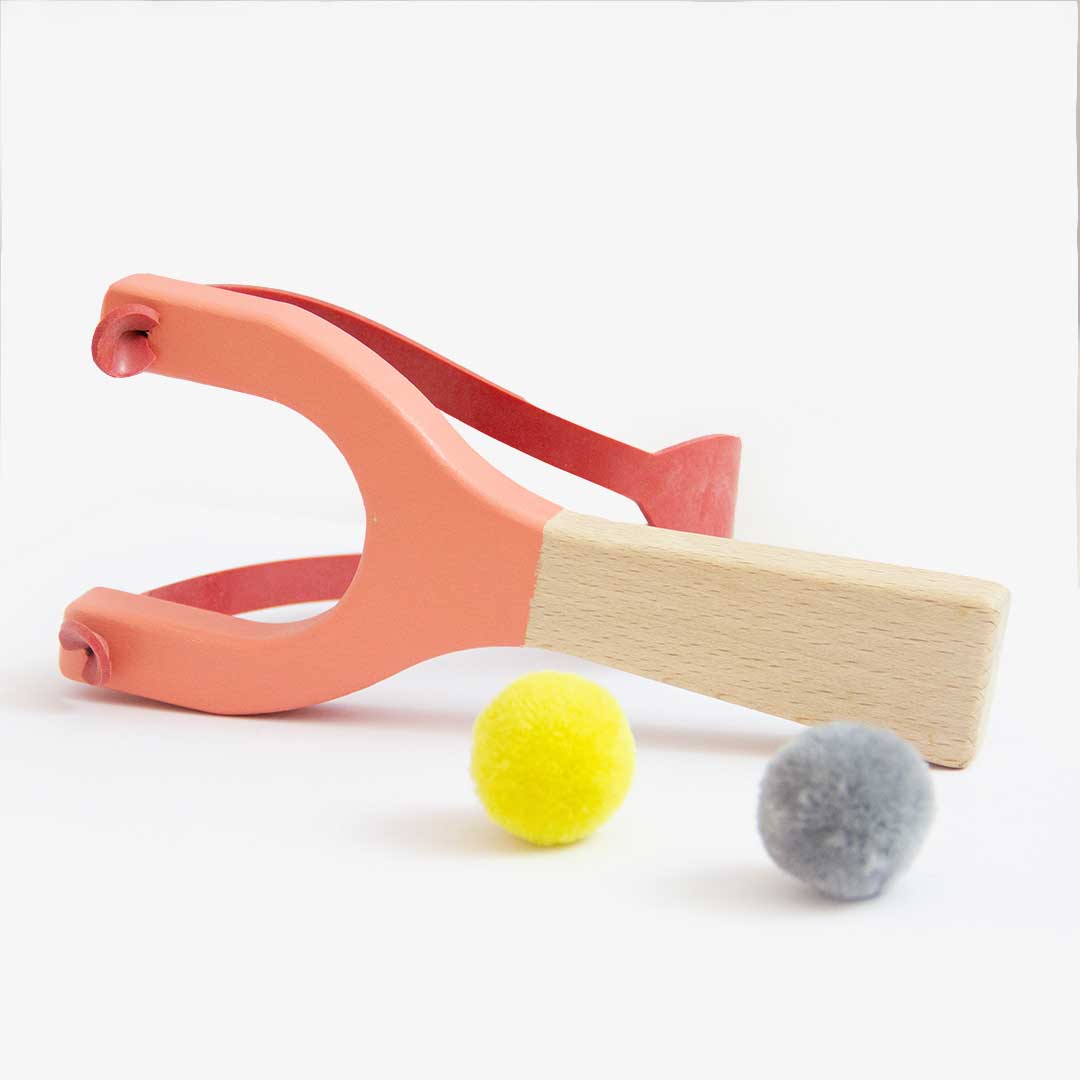 Handmade Kids Catapult in Natural Wood and Rubber in Coral, Mint or Yellow kids wooden toys ireland kidhood ecotoys